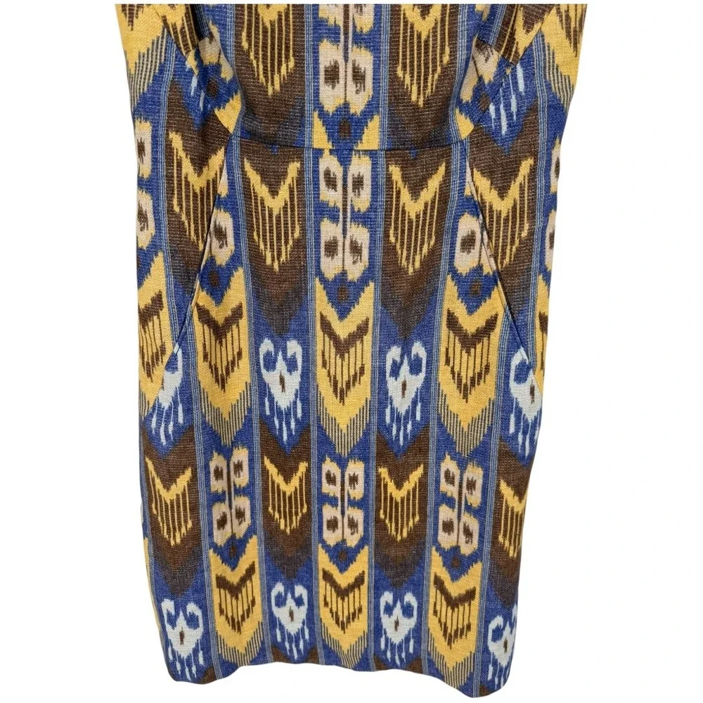 Tory Burch Kiersten Linen Blend Sleeveless Ikat Print Sheath Dress‎ Size 8 Retro